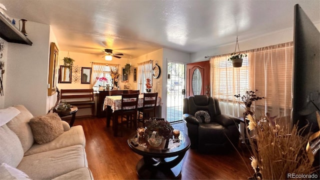 living room featuring dark hardwood / wood-style floors and ceiling fan