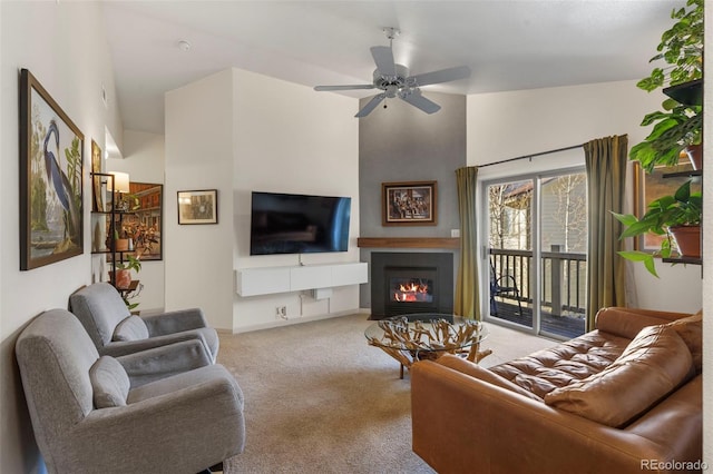 1501 Point Dr Unit 202, Frisco, CO 80443 - carpeted living area with a fireplace with flush hearth, a ceiling fan, and high vaulted ceiling