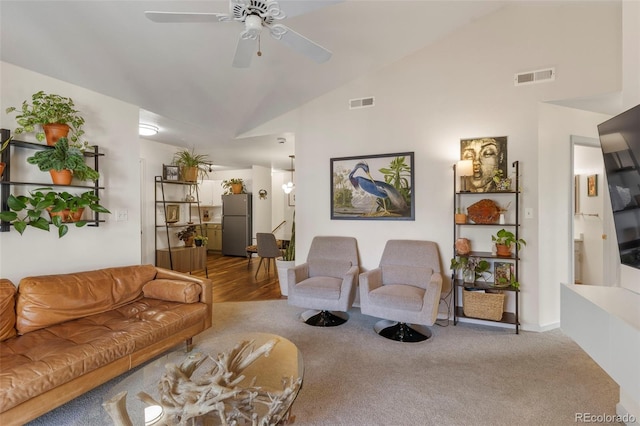1501 Point Dr Unit 202, Frisco, CO 80443 - living room featuring ceiling fan, carpet flooring, and high vaulted ceiling