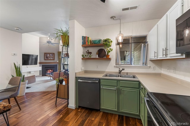 1501 Point Dr Unit 202, Frisco, CO 80443 - kitchen with green cabinets, stainless steel appliances, ceiling fan, a sink, and dark wood-style floors