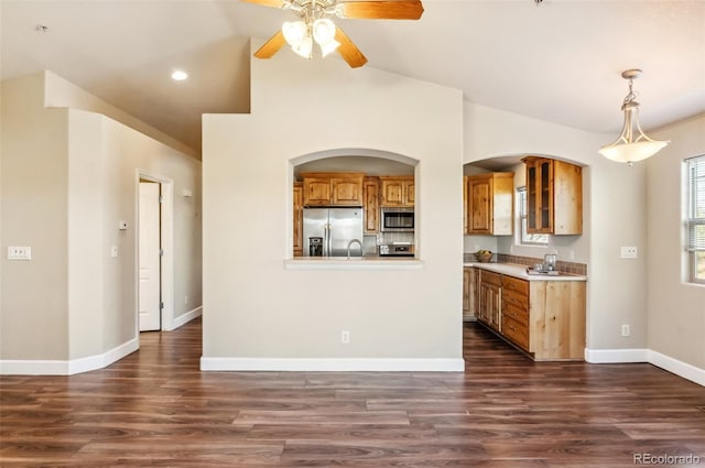 kitchen with ceiling fan, dark wood-type flooring, vaulted ceiling, and appliances with stainless steel finishes