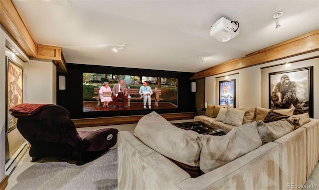 cinema featuring carpet and baseboard heating