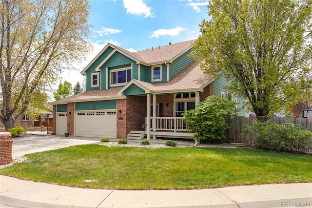 craftsman-style home with a garage, fence, covered porch, brick siding, and concrete driveway