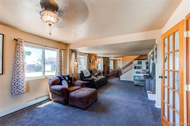 carpeted living room with a textured ceiling and a baseboard radiator