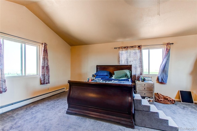 bedroom with carpet floors, vaulted ceiling, and baseboard heating