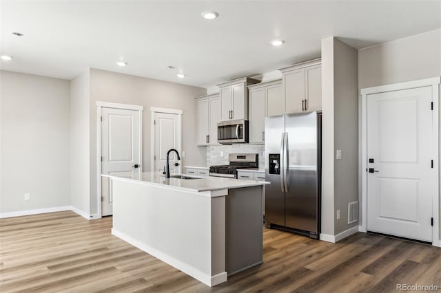 kitchen with visible vents, a sink, appliances with stainless steel finishes, a kitchen island with sink, and wood finished floors