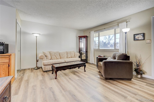 living room with a textured ceiling and light hardwood / wood-style flooring