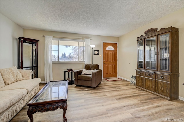 living room featuring light hardwood / wood-style floors and a textured ceiling