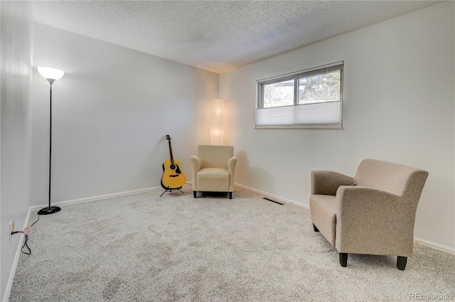 sitting room featuring a textured ceiling and light colored carpet