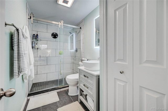 bathroom featuring tile patterned floors, vanity, toilet, and an enclosed shower