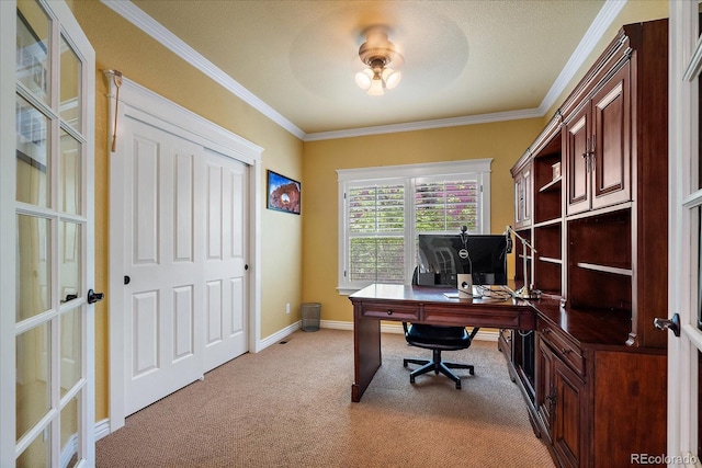 2861 Madison Ln, Broomfield, CO 80023 - office space with light carpet, crown molding, baseboards, ceiling fan, and french doors