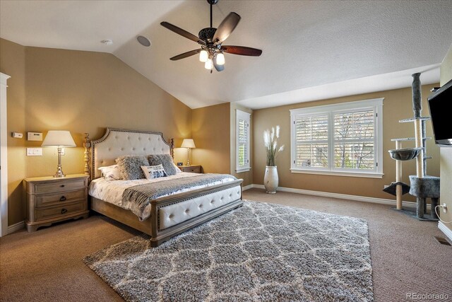 2861 Madison Ln, Broomfield, CO 80023 - bedroom with carpet, vaulted ceiling, baseboards, and ceiling fan