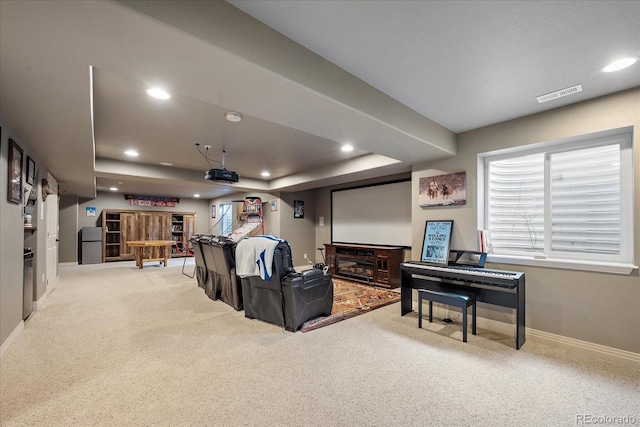 2861 Madison Ln, Broomfield, CO 80023 - home theater with carpet floors, baseboards, recessed lighting, and a raised ceiling