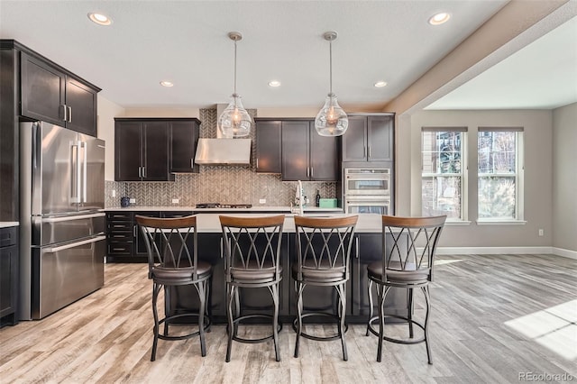 kitchen with stainless steel appliances, a breakfast bar area, backsplash, and a kitchen island with sink