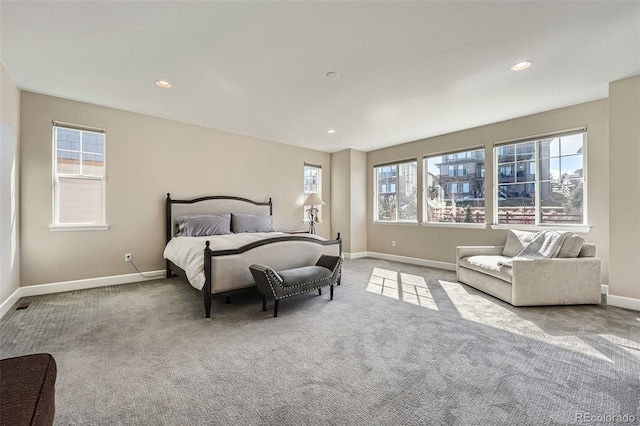 bedroom featuring recessed lighting, carpet flooring, and baseboards