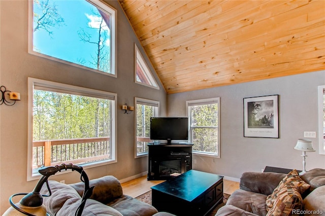362 Kite Ct, Jefferson, CO 80456 - living area featuring wooden ceiling, wood finished floors, and high vaulted ceiling