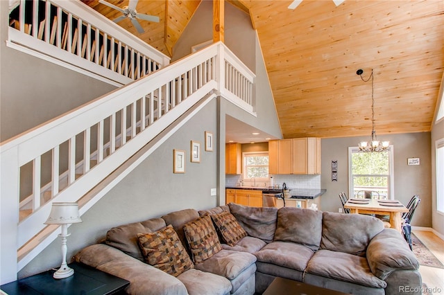 362 Kite Ct, Jefferson, CO 80456 - living area with wooden ceiling, ceiling fan, high vaulted ceiling, a chandelier, and plenty of natural light