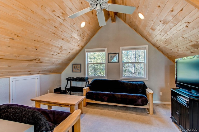 362 Kite Ct, Jefferson, CO 80456 - living area featuring wood ceiling, light colored carpet, a ceiling fan, and vaulted ceiling