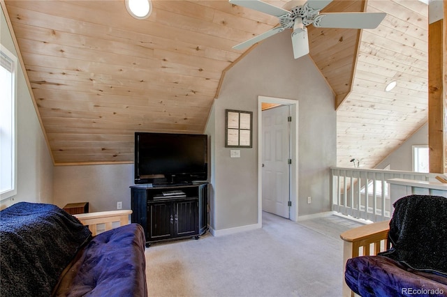 362 Kite Ct, Jefferson, CO 80456 - living room featuring wooden ceiling, lofted ceiling, ceiling fan, and carpet flooring