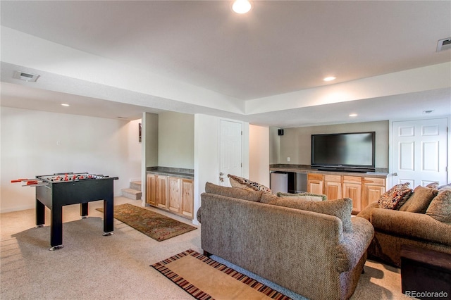 362 Kite Ct, Jefferson, CO 80456 - living room with light colored carpet, recessed lighting, and bar