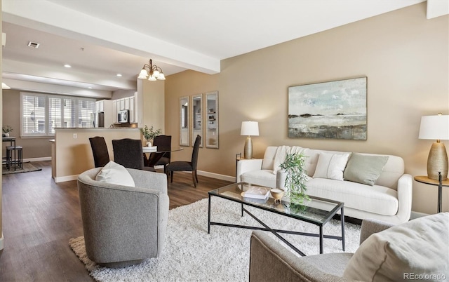 2945 W Riverwalk Cir Unit B, Littleton, CO 80123 - living area featuring baseboards, dark wood-type flooring, a chandelier, recessed lighting, and beam ceiling