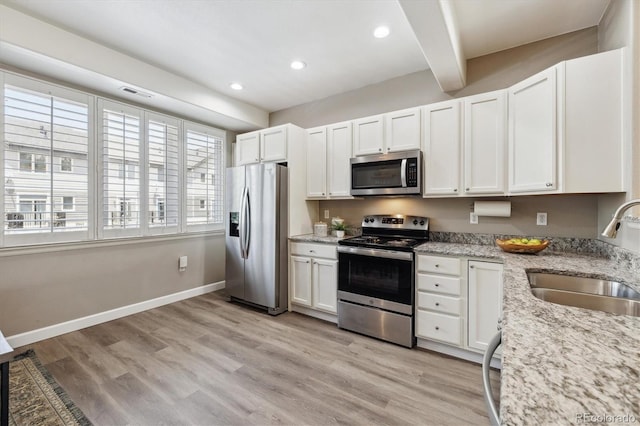 2945 W Riverwalk Cir Unit B, Littleton, CO 80123 - kitchen featuring appliances with stainless steel finishes, a sink, white cabinetry, light stone counters, and recessed lighting