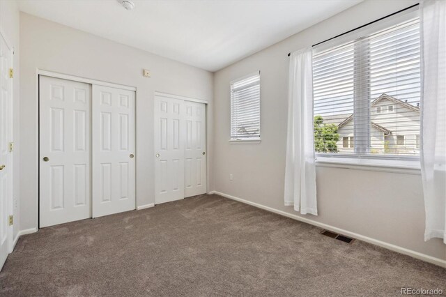 2945 W Riverwalk Cir Unit B, Littleton, CO 80123 - unfurnished bedroom featuring multiple closets, carpet flooring, and multiple windows