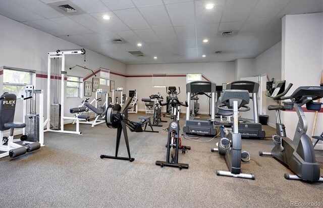 2945 W Riverwalk Cir Unit B, Littleton, CO 80123 - gym featuring a drop ceiling, recessed lighting, and baseboards