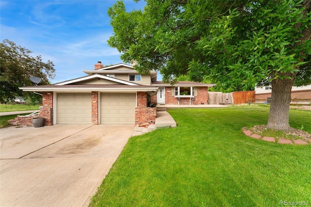 6798 Depew St, Arvada, CO 80003 - tri-level home with concrete driveway, a chimney, and brick siding