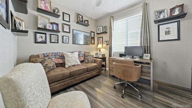 office area with ceiling fan and wood-type flooring