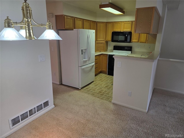 5741 W Asbury Pl, Lakewood, CO 80227 - kitchen featuring range with electric cooktop, white refrigerator with ice dispenser, black microwave, light countertops, and light carpet