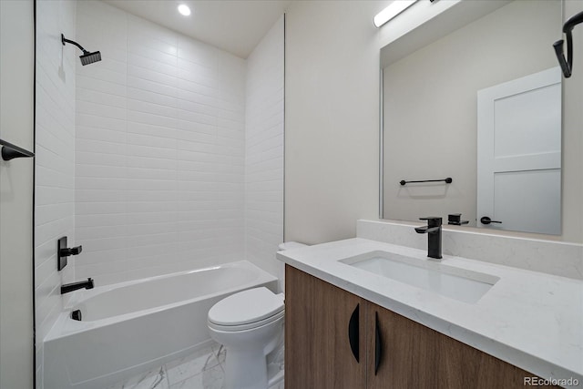 1372 Lowell Blvd Unit 1, Denver, CO 80204 - bathroom with vanity, toilet, marble finish floors, shower / washtub combination, and recessed lighting