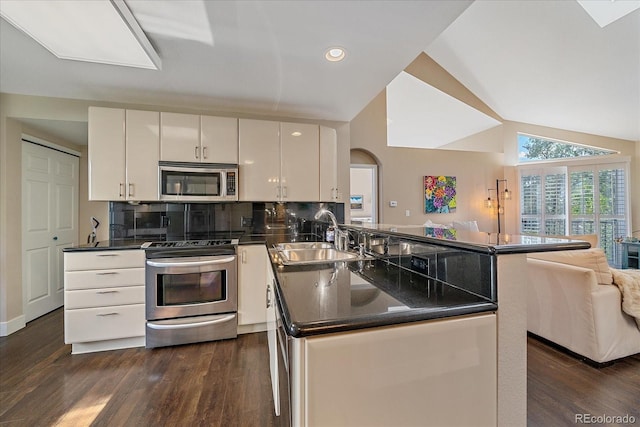 9346 W Coal Mine Ave, Littleton, CO 80123 - kitchen with appliances with stainless steel finishes, dark countertops, a peninsula, open floor plan, and vaulted ceiling