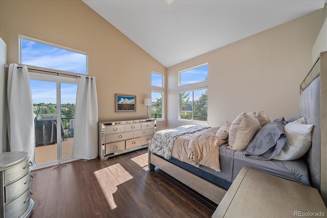 9346 W Coal Mine Ave, Littleton, CO 80123 - bedroom with high vaulted ceiling, dark wood-type flooring, access to outside, and multiple windows