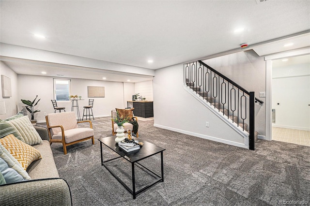 6032 Estes St, Arvada, CO 80004 - living room with carpet flooring, stairway, and recessed lighting