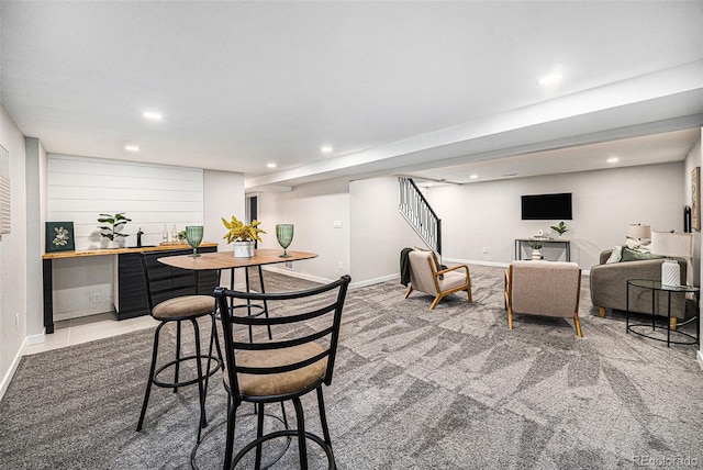 6032 Estes St, Arvada, CO 80004 - dining space with stairs, recessed lighting, wet bar, and carpet