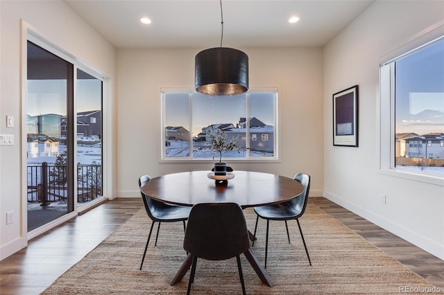 dining space with dark hardwood / wood-style floors