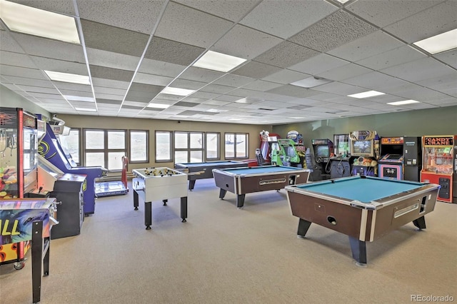 playroom with light carpet, billiards, and a paneled ceiling