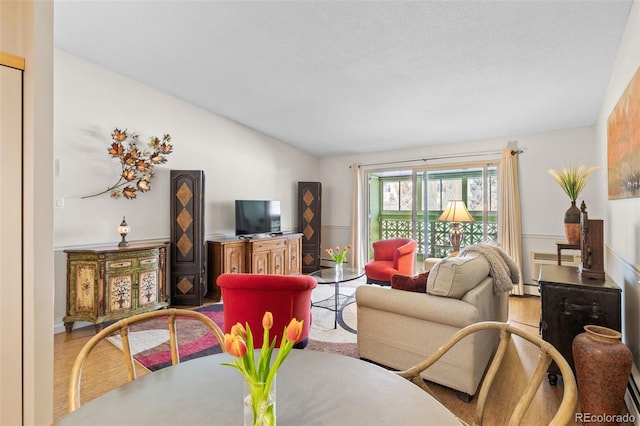 9320 E Center Ave Unit 4B, Denver, CO 80247 - living room featuring wood finished floors, lofted ceiling, and baseboard heating