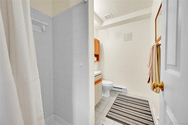 bathroom with vanity, tile patterned floors, a shower with curtain, toilet, and a baseboard radiator