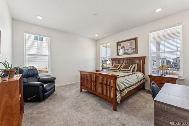 bedroom featuring baseboards, carpet floors, and recessed lighting