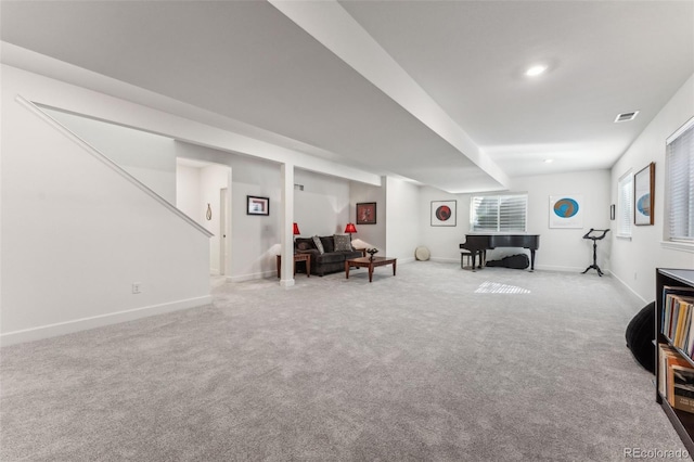 interior space featuring recessed lighting, visible vents, and baseboards