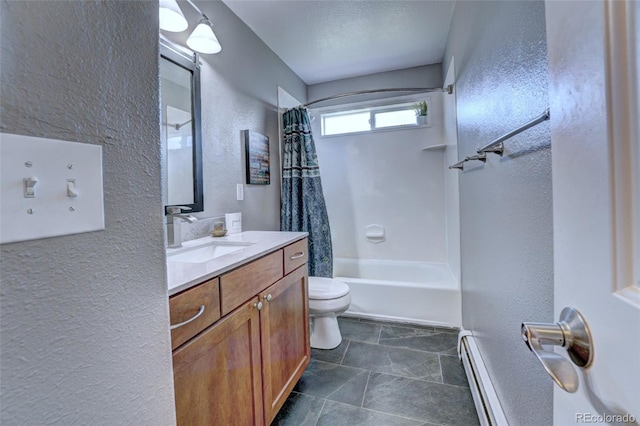 full bathroom with a textured ceiling, baseboard heating, toilet, vanity, and shower / tub combo with curtain