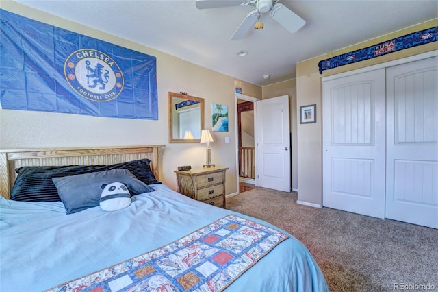 bedroom featuring a closet, ceiling fan, and carpet flooring