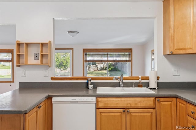 16246 E Hamilton Pl, Aurora, CO 80013 - kitchen with dishwasher, a sink, dark countertops, open shelves, and a peninsula
