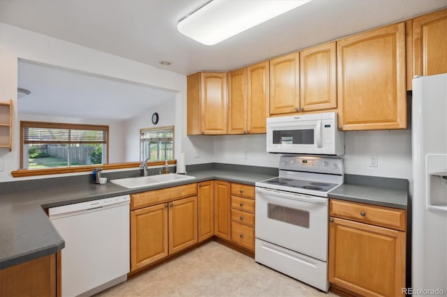 16246 E Hamilton Pl, Aurora, CO 80013 - kitchen with white appliances, a sink, and dark countertops