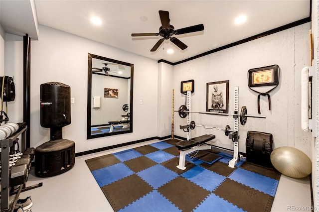 34942 Wagon Wheel Trl, Elizabeth, CO 80107 - exercise room with a ceiling fan, baseboards, and recessed lighting
