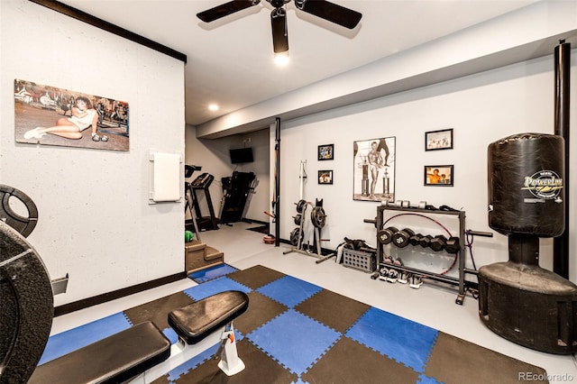 34942 Wagon Wheel Trl, Elizabeth, CO 80107 - workout area featuring a ceiling fan and baseboards