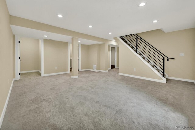 1980 S Kearney Way, Denver, CO 80224 - finished basement with light colored carpet, recessed lighting, and stairs
