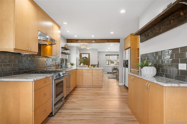 1295 Elm St, Denver, CO 80220 - kitchen featuring appliances with stainless steel finishes, a peninsula, under cabinet range hood, recessed lighting, and light wood-style flooring